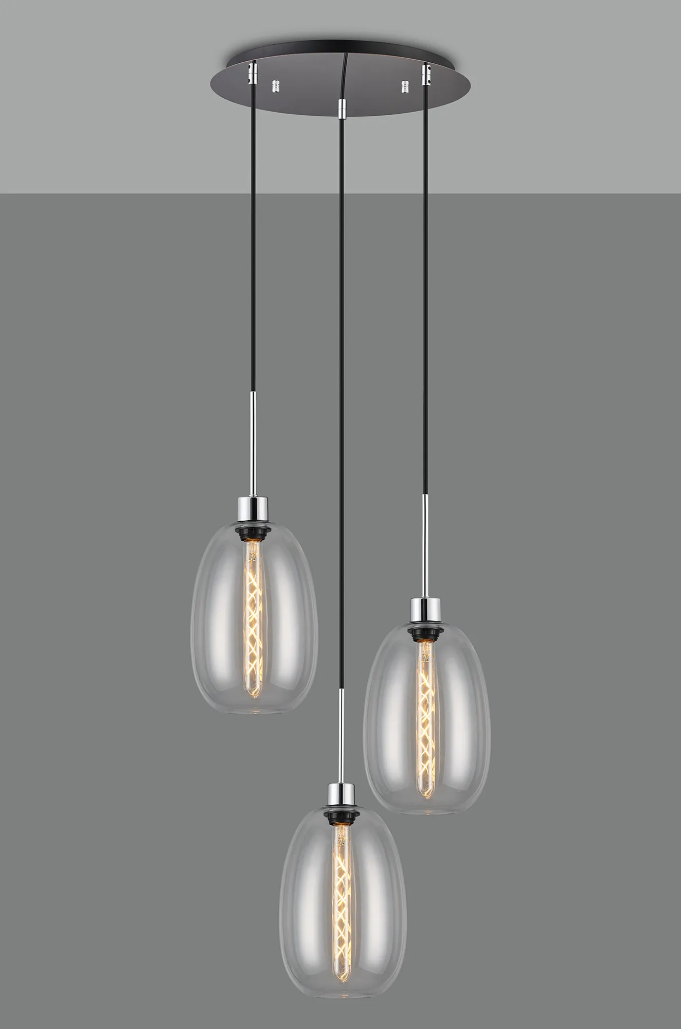 Lori 40cm Round Pendant, 3 Light Adjustable E27, Polished Chrome/Clear Slim Curved Trapezium Shades DK1269  Deco Lori Polished Chrome